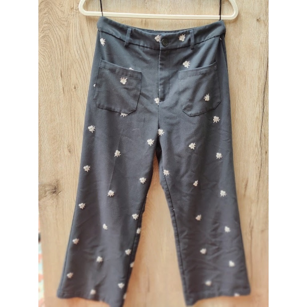 Unbranded Embroidered Linen Blend Pants Dark Gray Floral Wide Leg Trousers Large